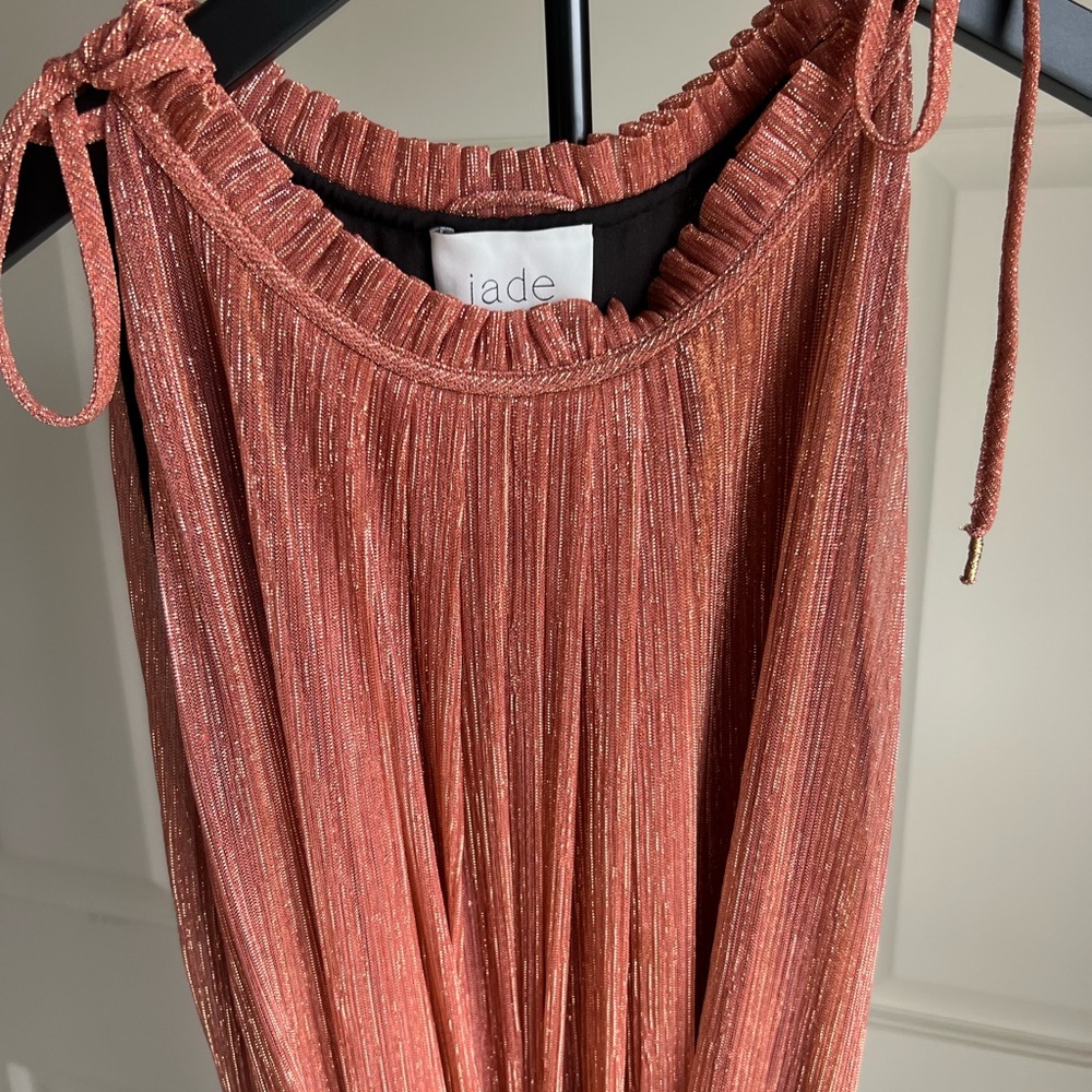jade Rose Rust Metallic Pleated Halter Midi Dress